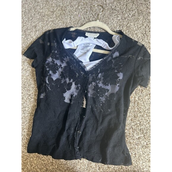 Vintage 90s Express Floral Lace Whimsical Goth Button Up Short Sleeve Sheer S/M - Picture 9 of 9